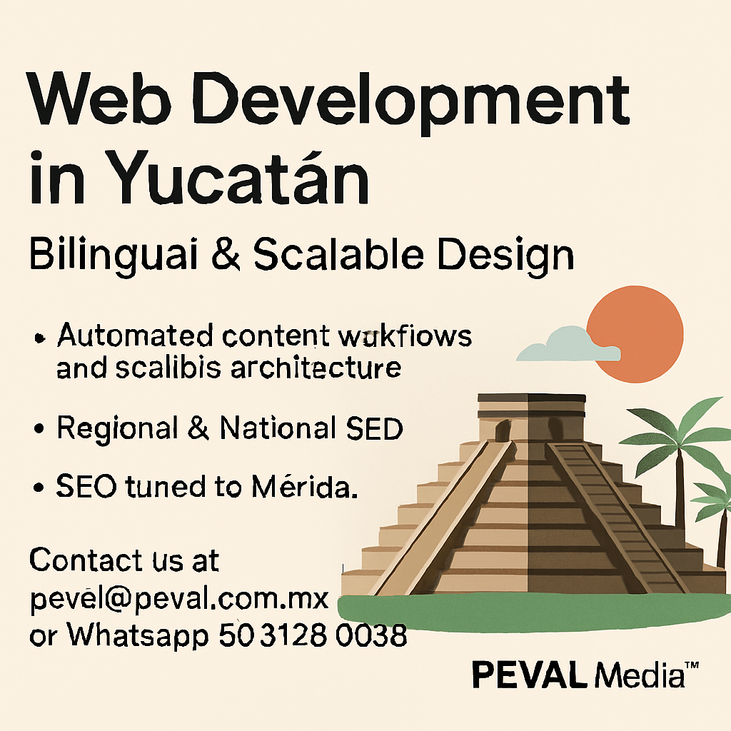 Stylized illustration of Chichen Itza with palm trees and sun, promoting bilingual web development in Yucatán by PEVAL Media™.