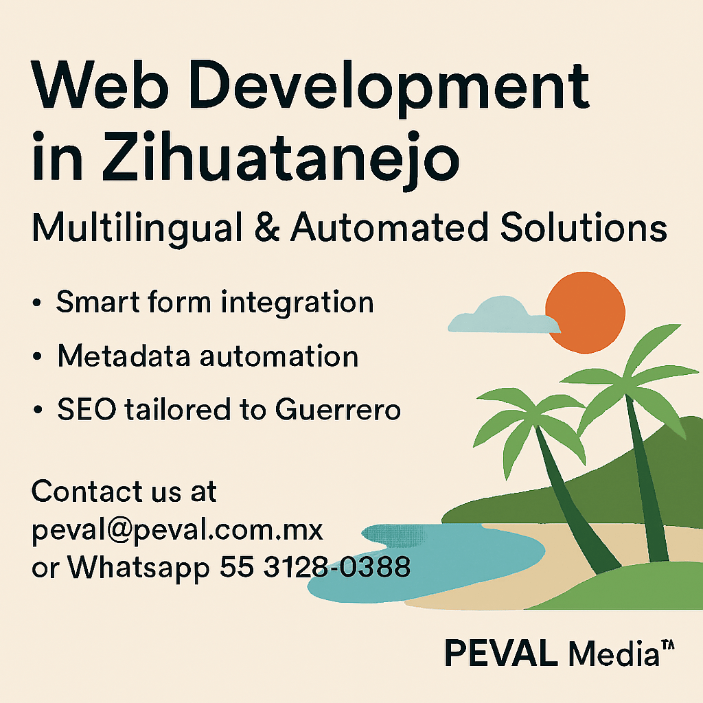 Coastal illustration of Zihuatanejo with ocean, palm trees, and sunset, promoting bilingual web development by PEVAL Media™.